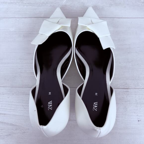 Zara Pointed Toe Patent Leather Pumps Kitten Heels Size 8 White Bow Detail - Picture 7 of 15